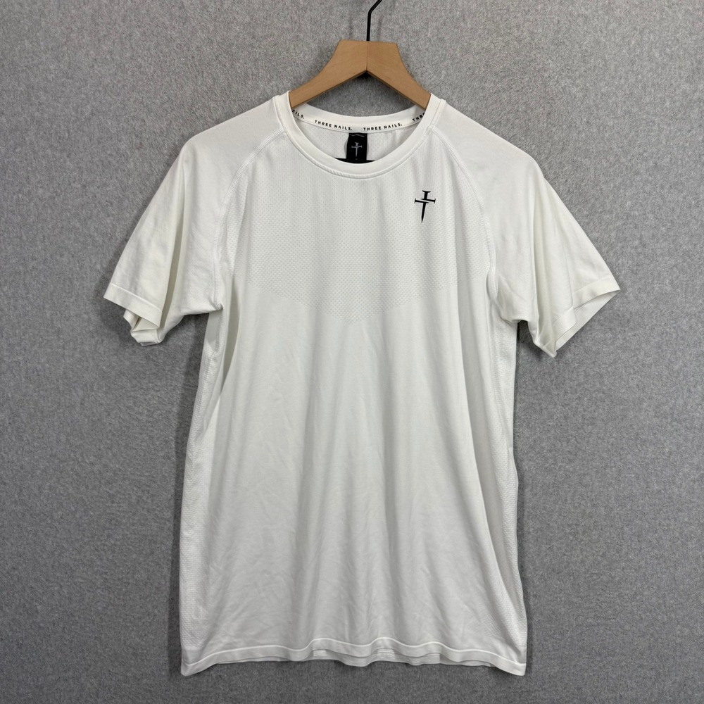 Three Nails Mens Cross Logo Active Performance T-Shirt White Small Raglan Mesh